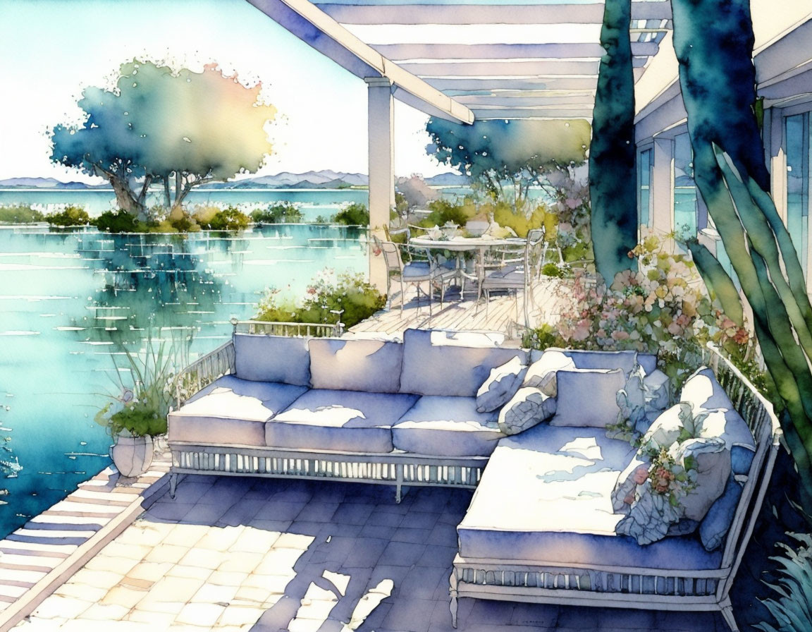 Tranquil lakeside patio with plush sofa & pergola.