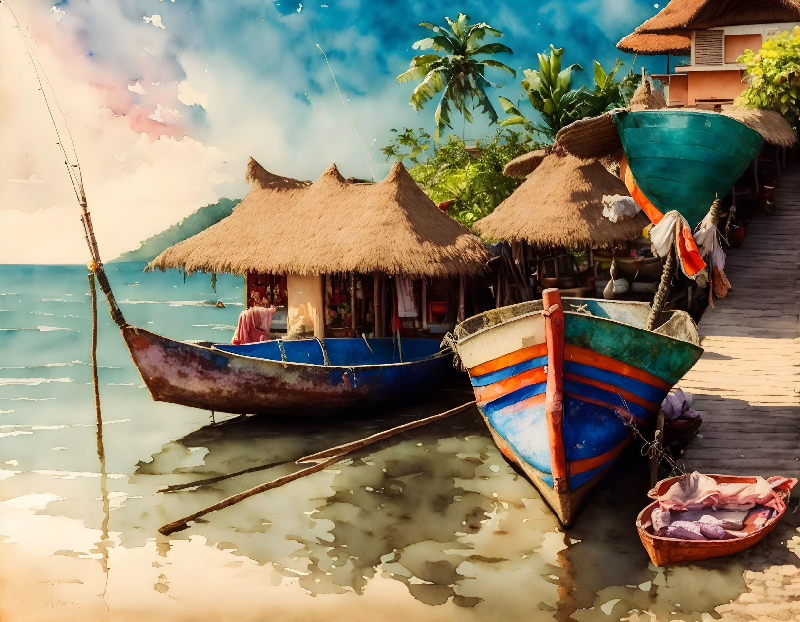 Wooden Boats, Thatched Huts, Palm Trees on Calm Beach