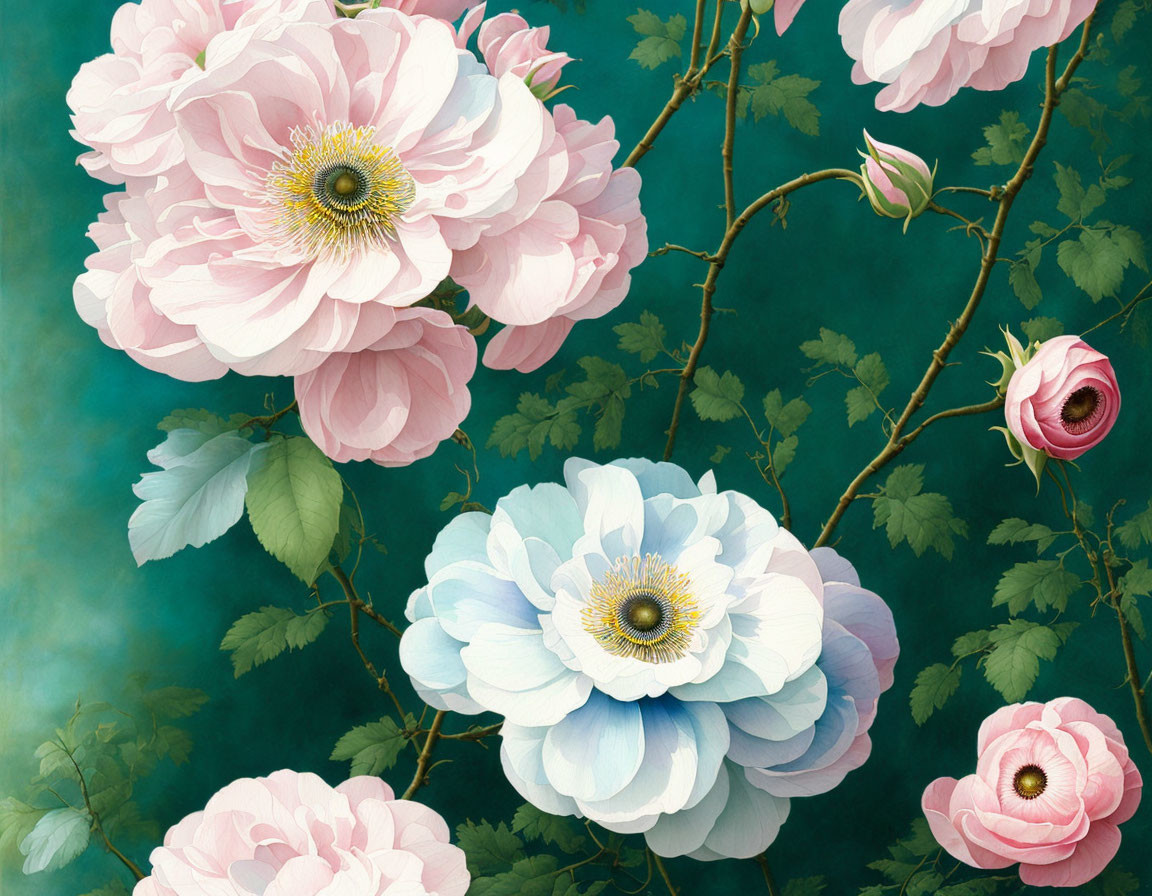 Close-up of Vibrant Pink and Light Blue Peony Blooms on Teal Background