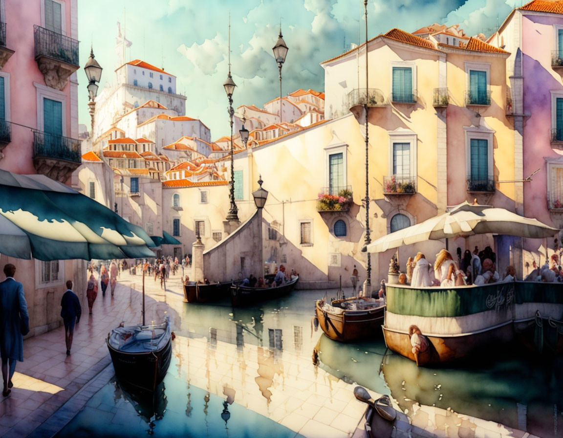 Watercolor street scene with boats, pedestrians, and quaint buildings in warm light