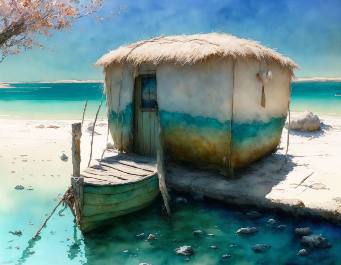 Thatched roof hut on serene beach with wooden boat