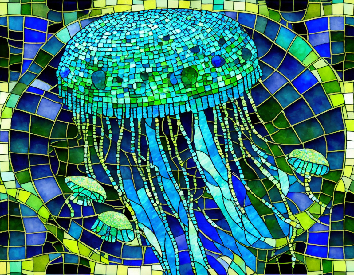 Colorful mosaic of blue jellyfish on green and blue tiles