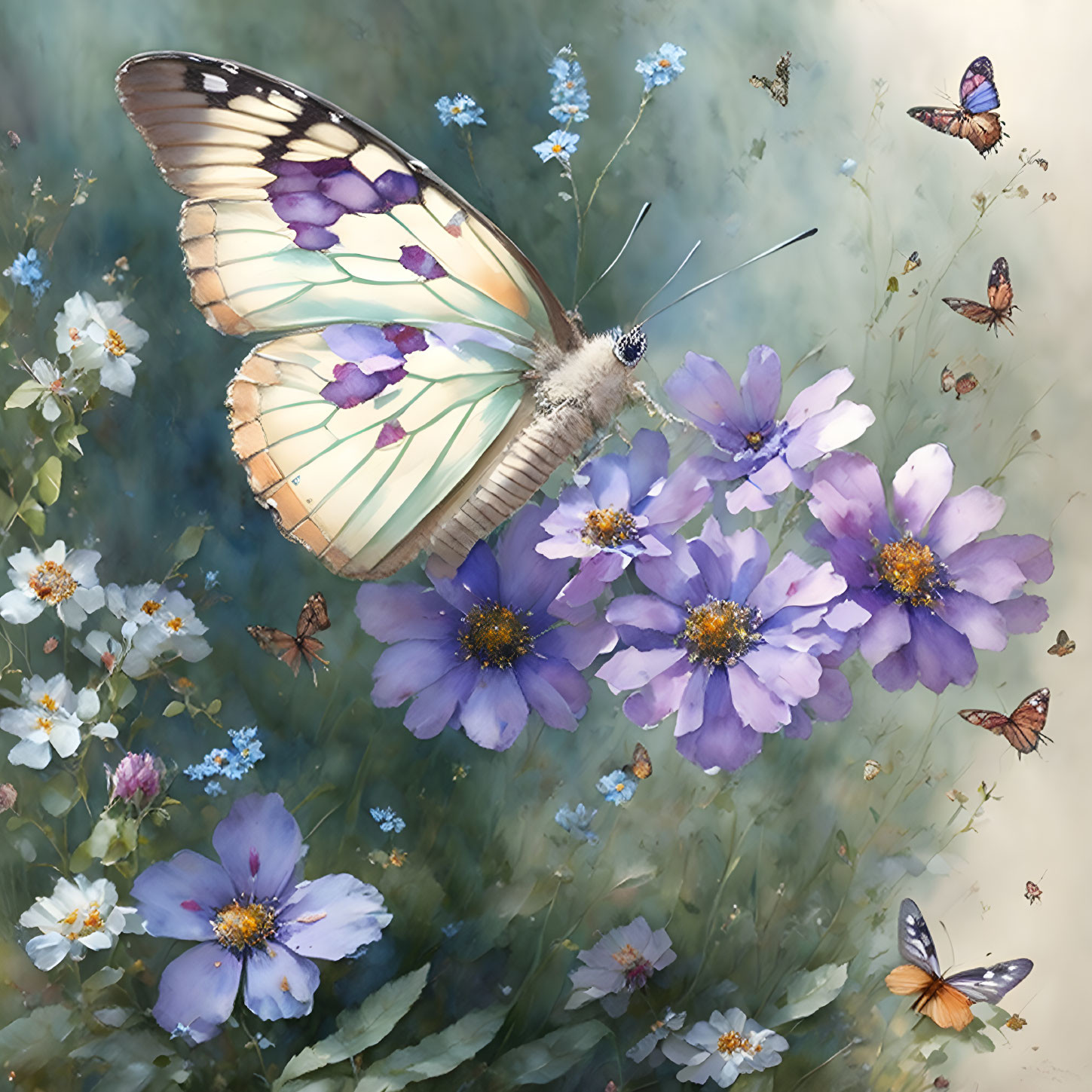 Colorful Butterfly Painting with Purple Flowers and Soft Background