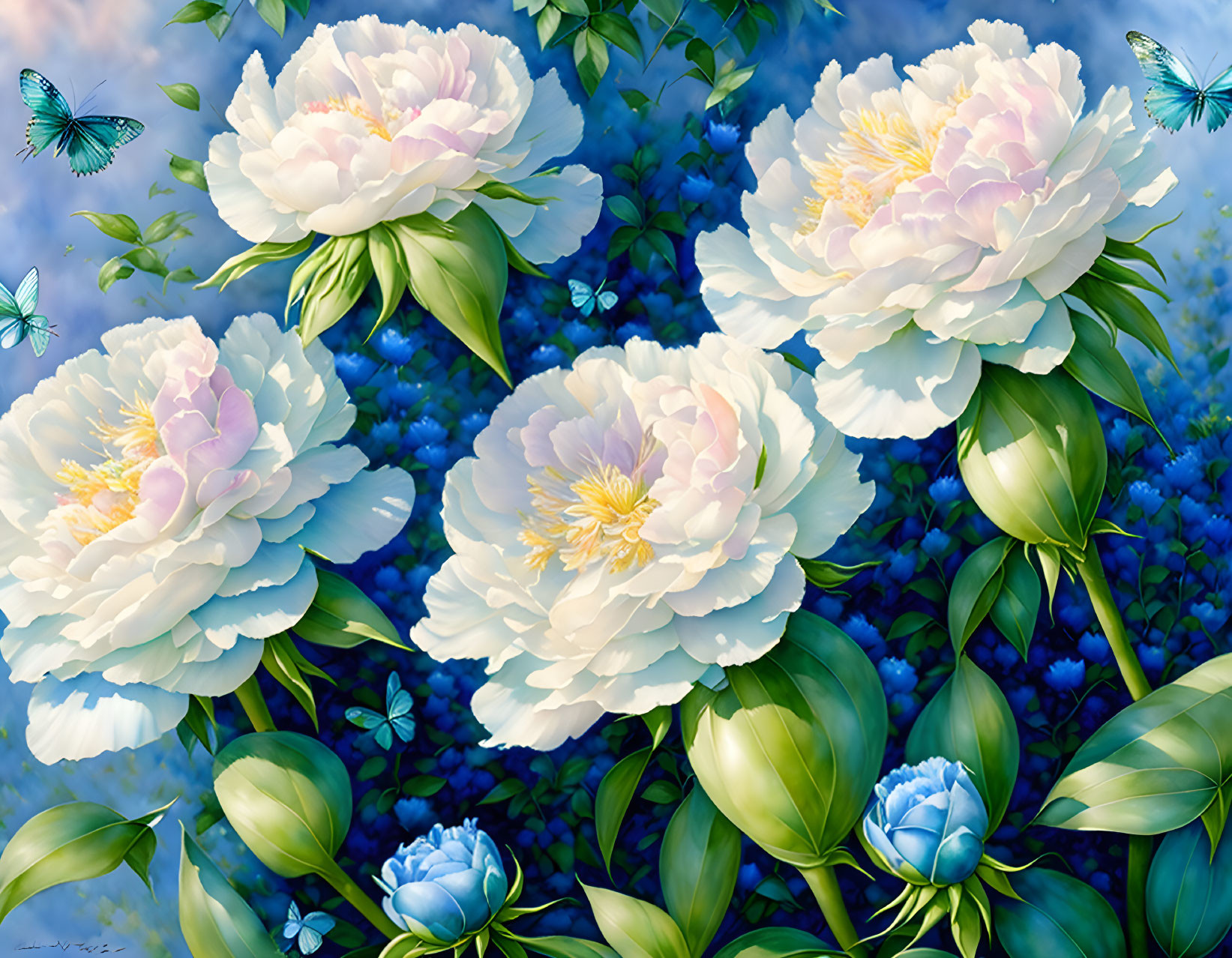 Detailed Illustration of White Peonies, Blue Flowers, and Butterflies