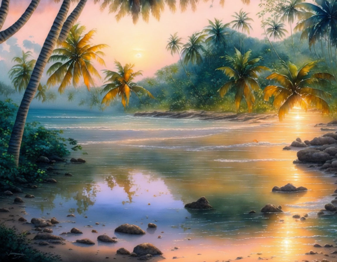 Scenic tropical beach sunset with palm trees and rocks