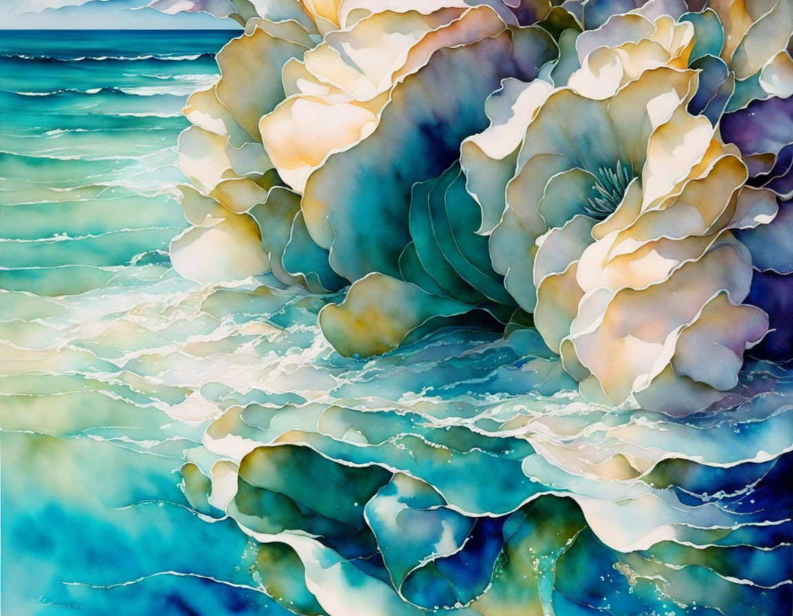 Colorful painting of stylized blue and yellow flowers on rippling water backdrop