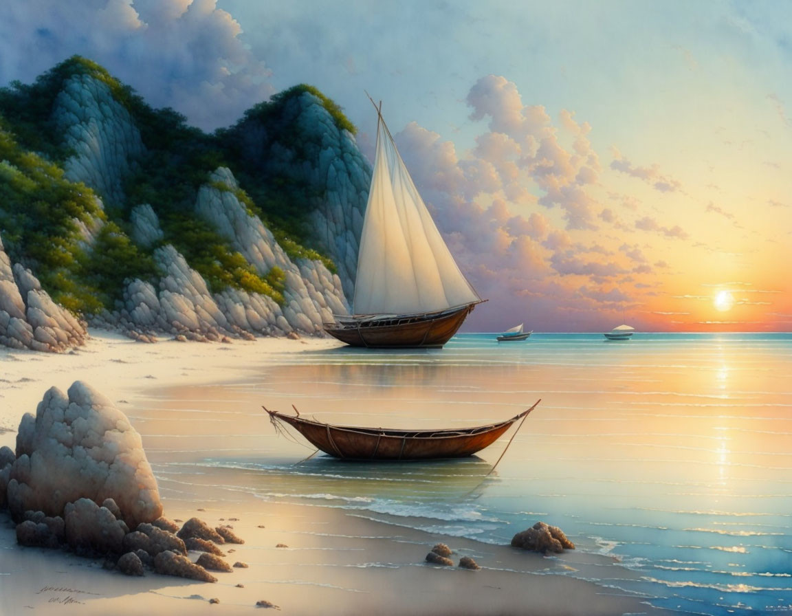 Tranquil sunset beach scene with sailboat, cliffs, and pastel sky