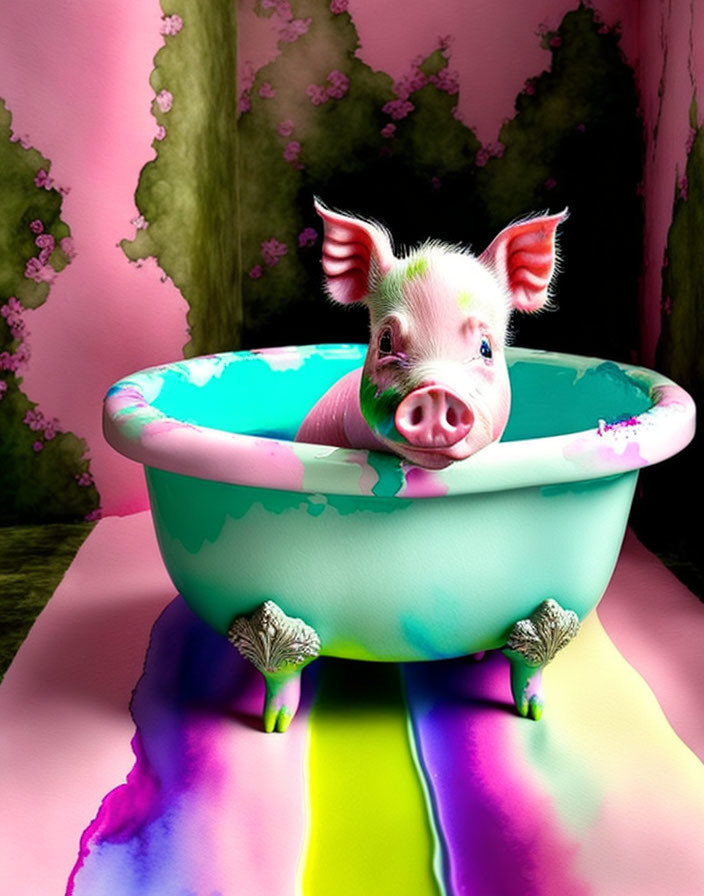 Colorful Piglet in Vibrant Paint Bathtub