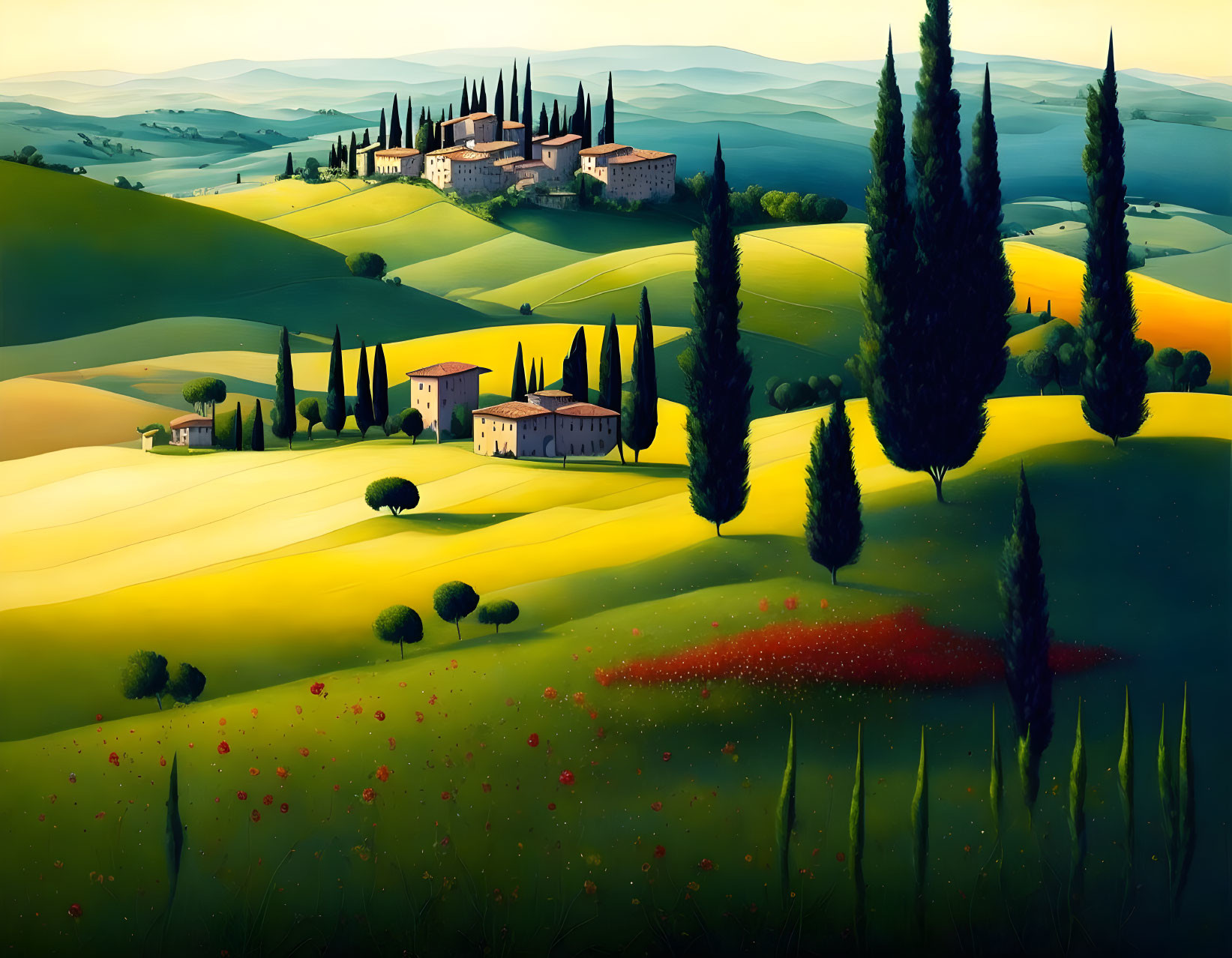 Scenic landscape: green hills, cypress trees, buildings, red poppies under golden light