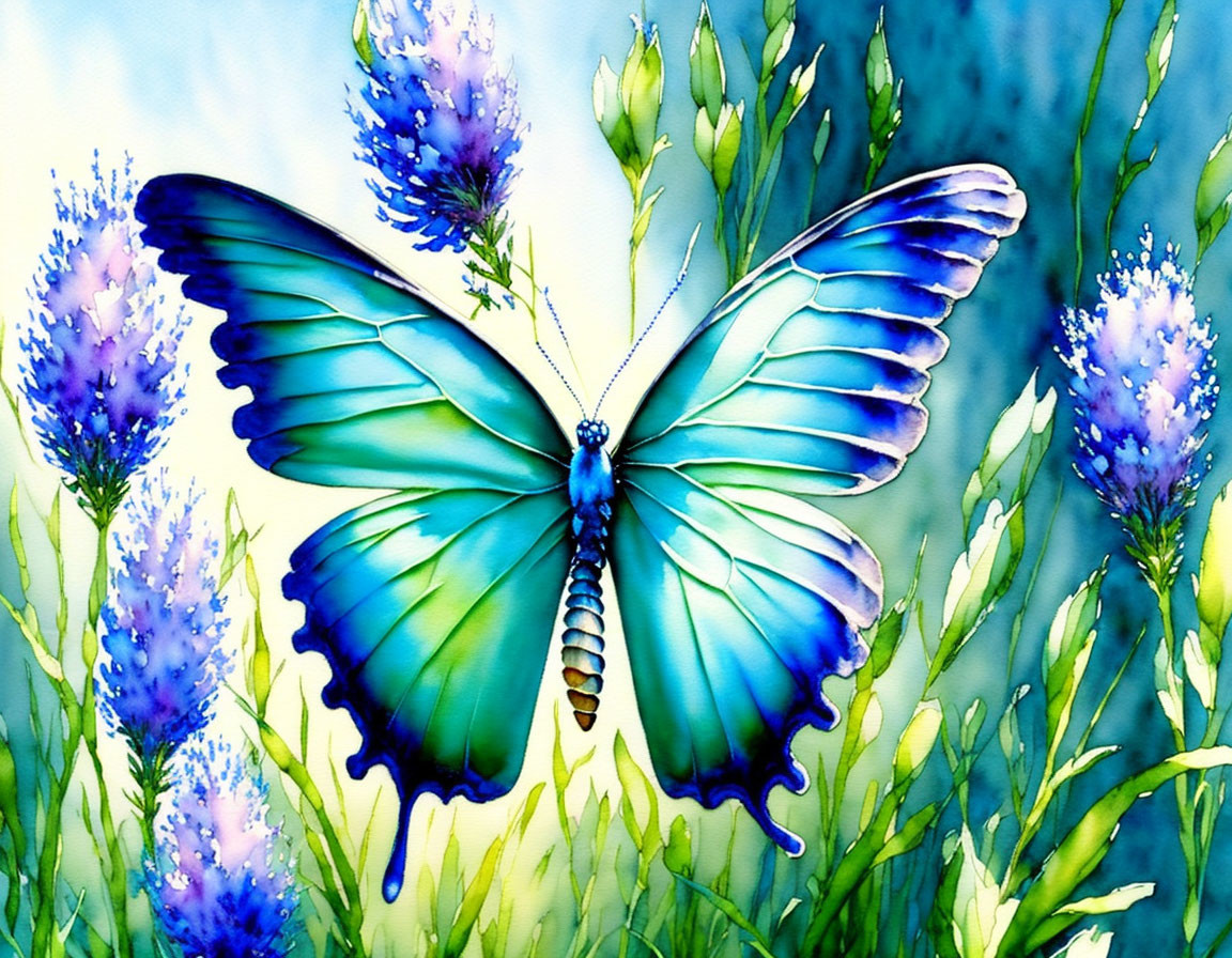 Colorful Watercolor Painting of Blue Butterfly on Purple Flowers