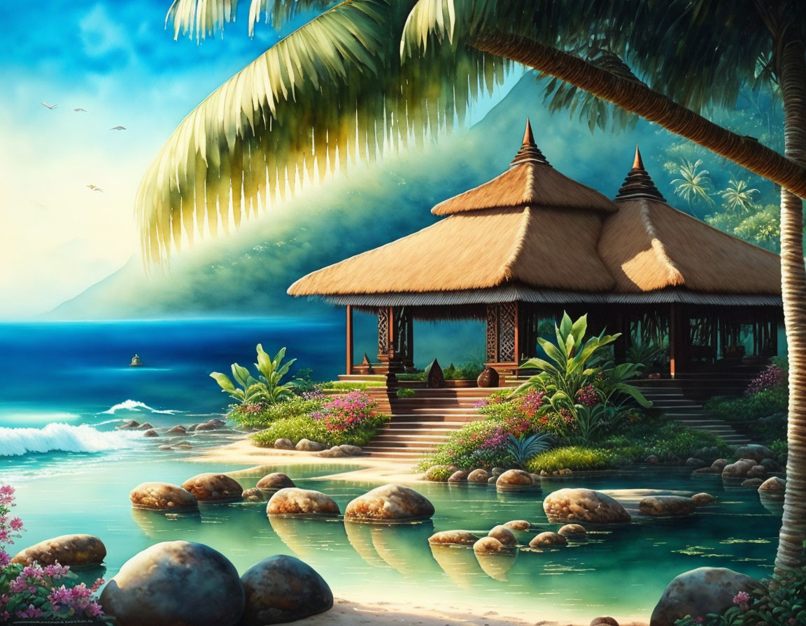 Tropical beach scene with huts, palm trees, flowers, and birds at sunrise or sunset