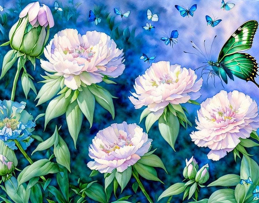 Vibrant peonies and butterflies on soft blue background