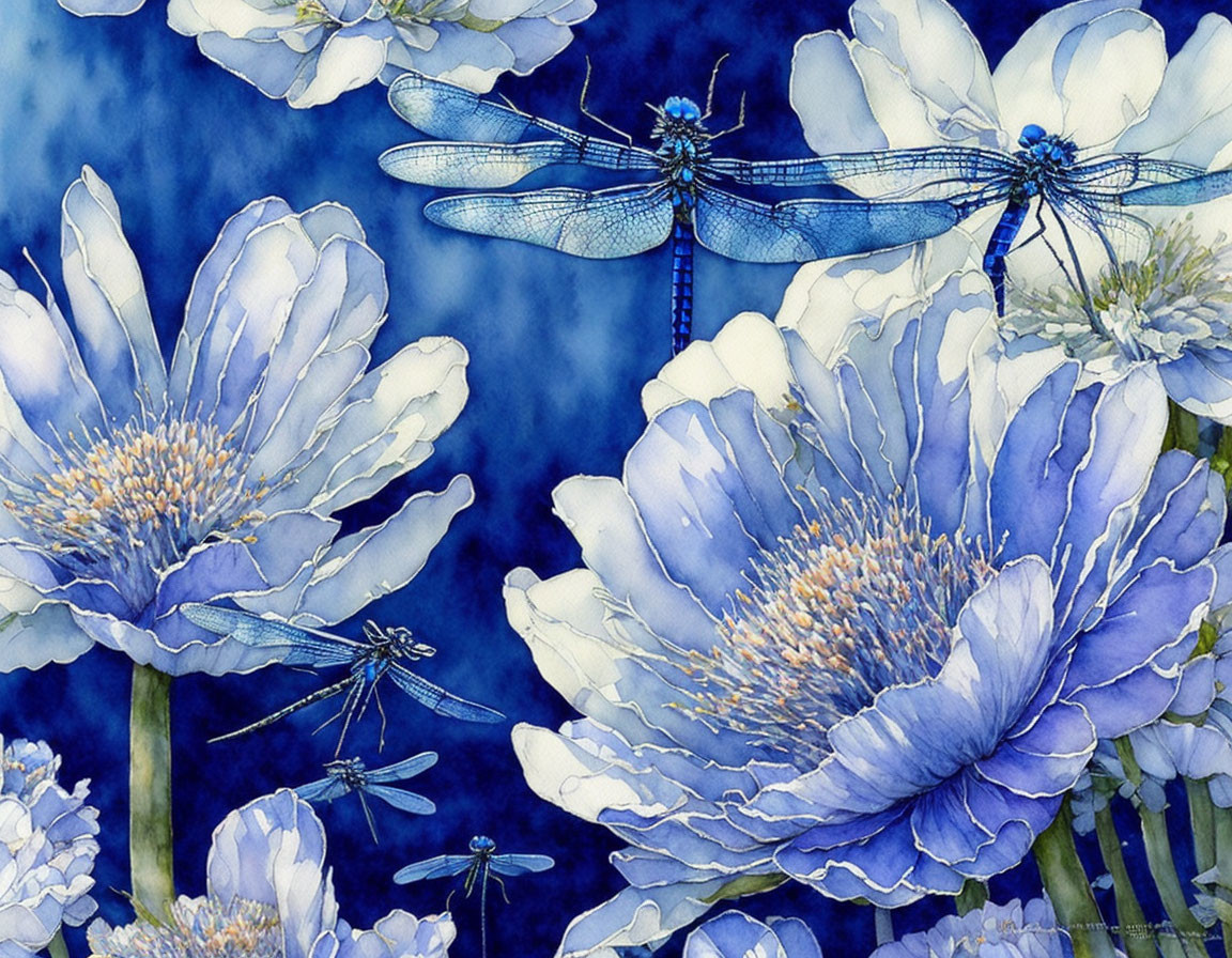 Vibrant Blue Flowers and Dragonflies in Watercolor Art