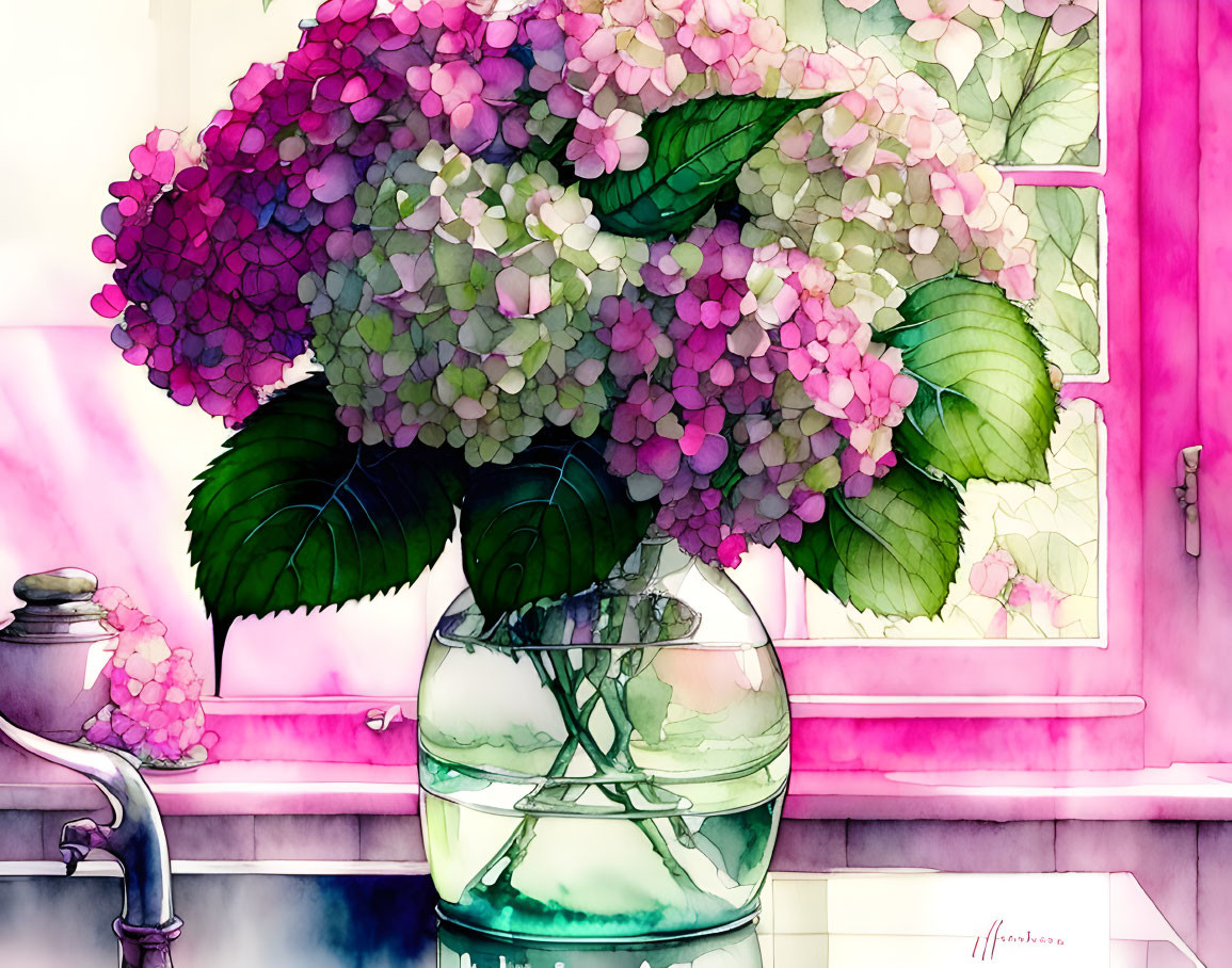 Vibrant watercolor painting of hydrangeas in vase by window