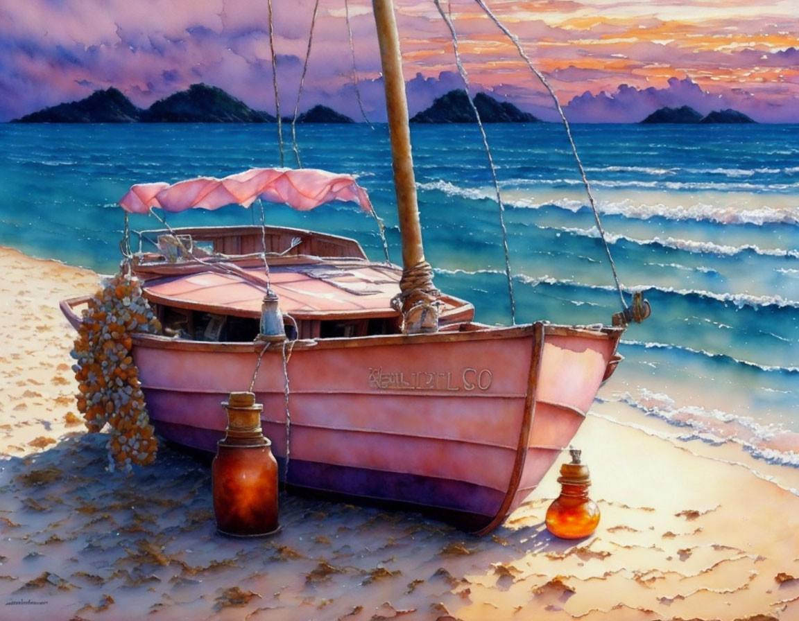 Pink boat with canopy on sandy beach at sunset