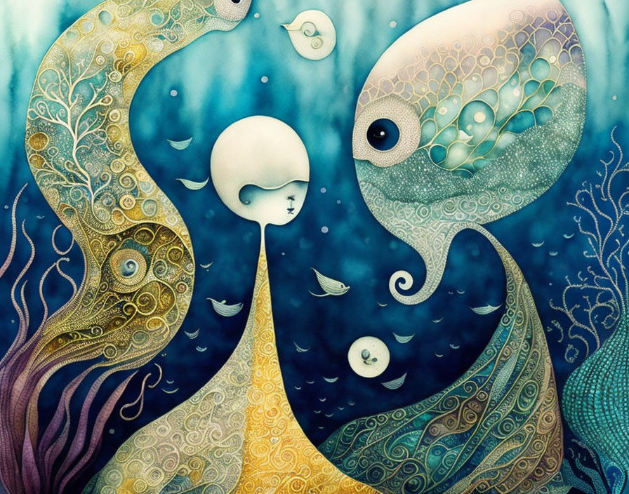 Surreal artwork featuring stylized sea creatures and a pale character with moon-shaped head