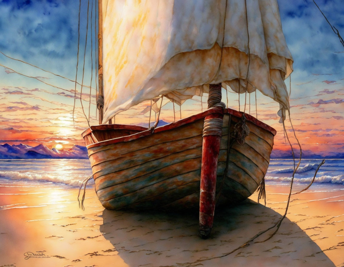 Sunset beach painting: wooden sailboat under warm sky.