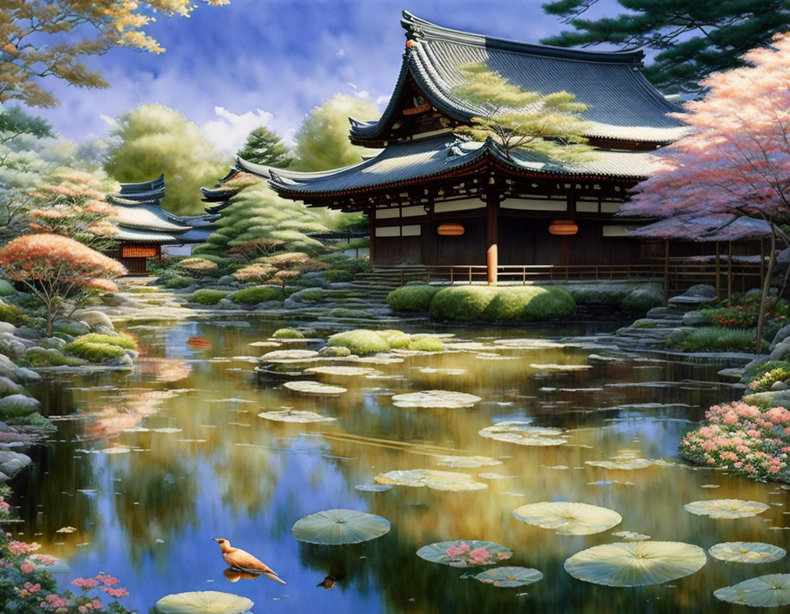 Japanese garden with pond, lily pads, pavilion, trees, and bird.