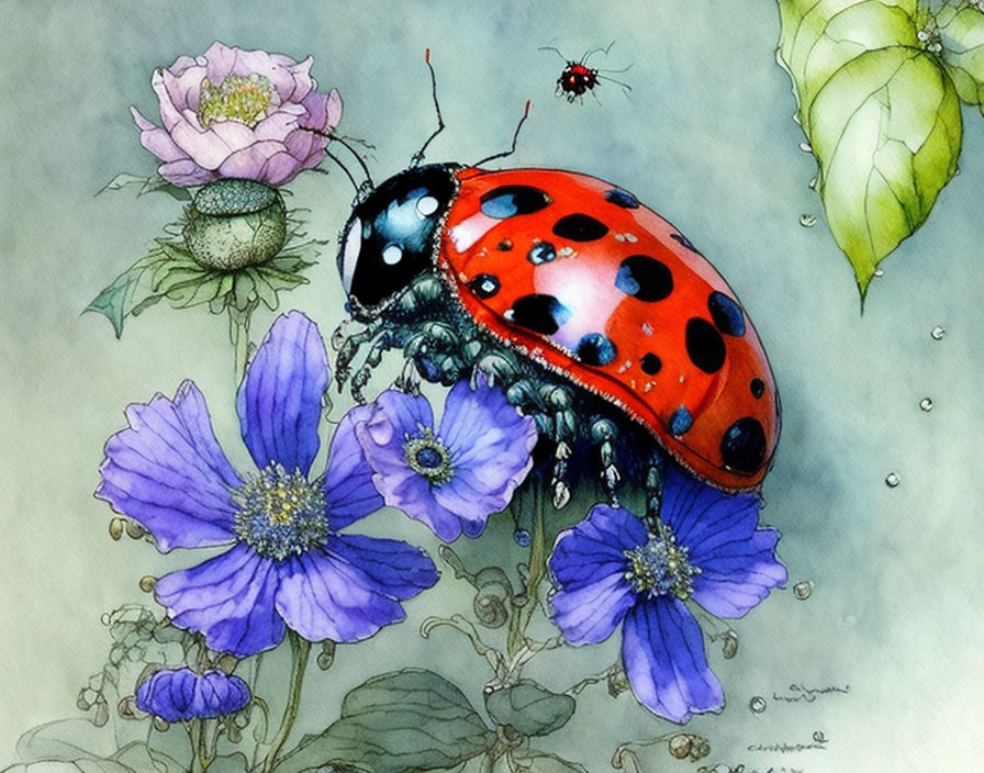 Detailed Watercolor Ladybug and Insects on Blue Flowers