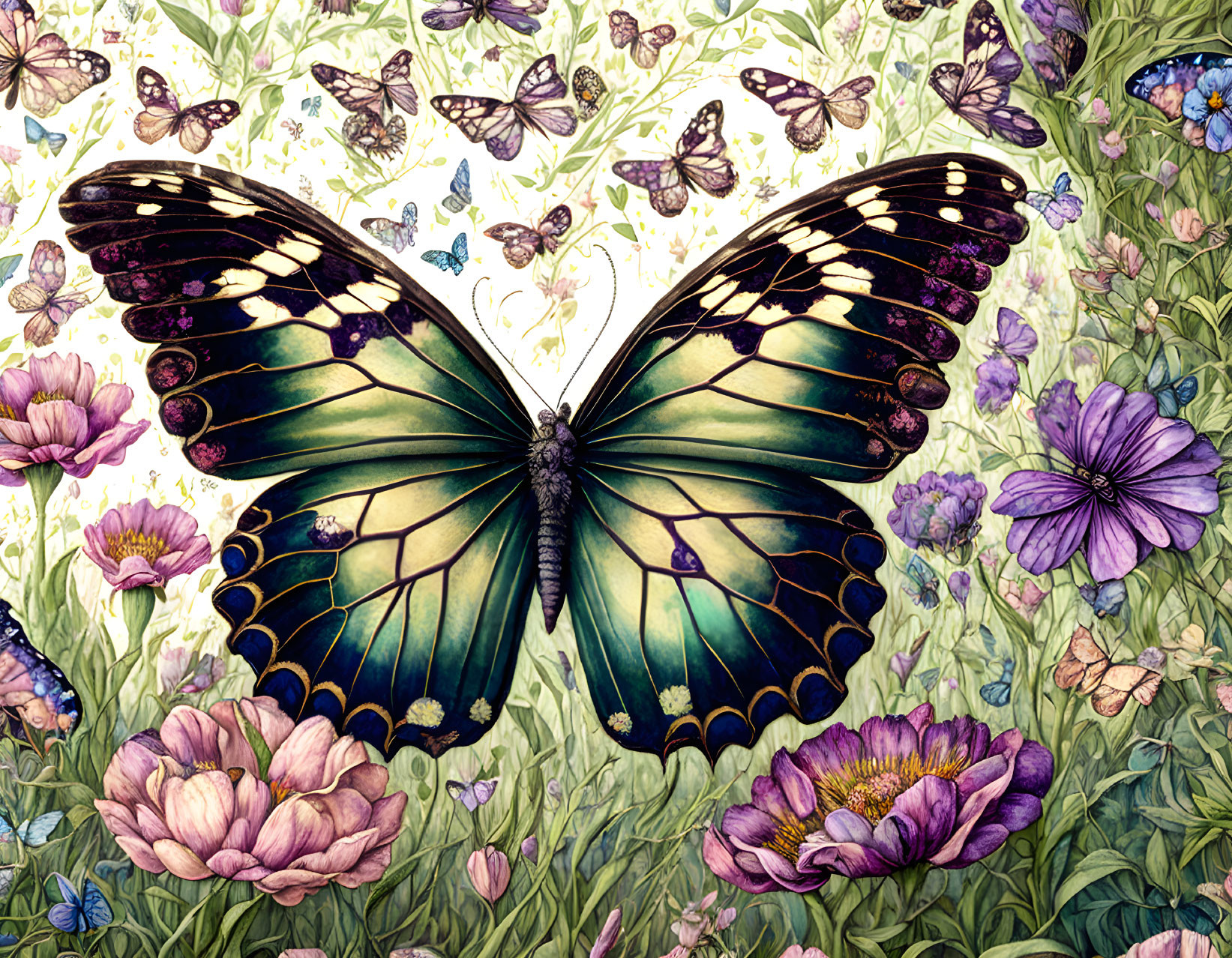 Detailed green butterfly illustration in colorful floral field