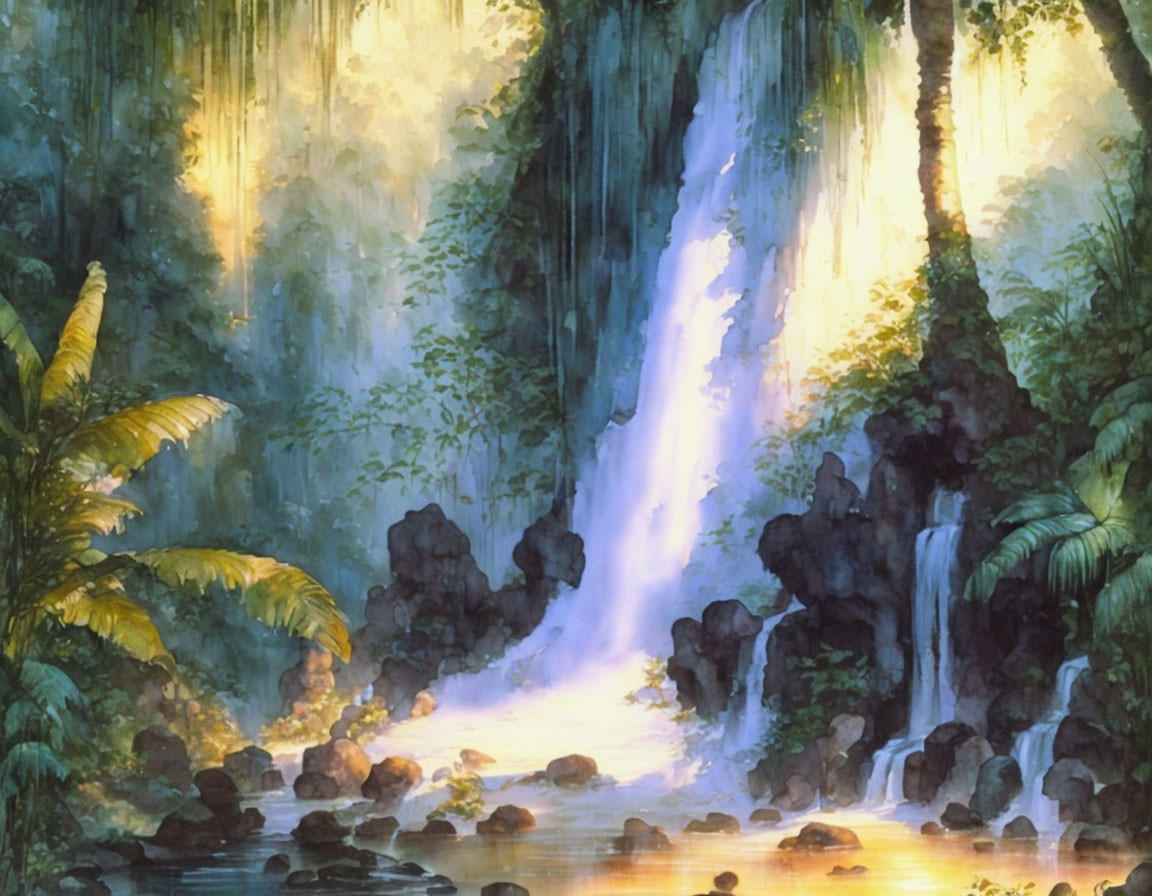 Tranquil jungle waterfall with sunlight and lush green foliage