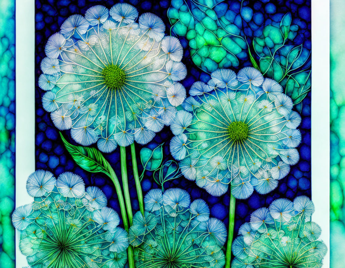 Detailed Blue and White Dandelion Flowers on Teal Background