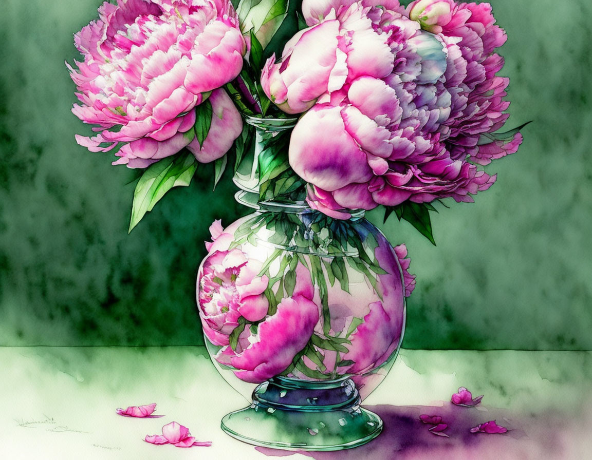 Colorful watercolor painting of pink peonies in round vase