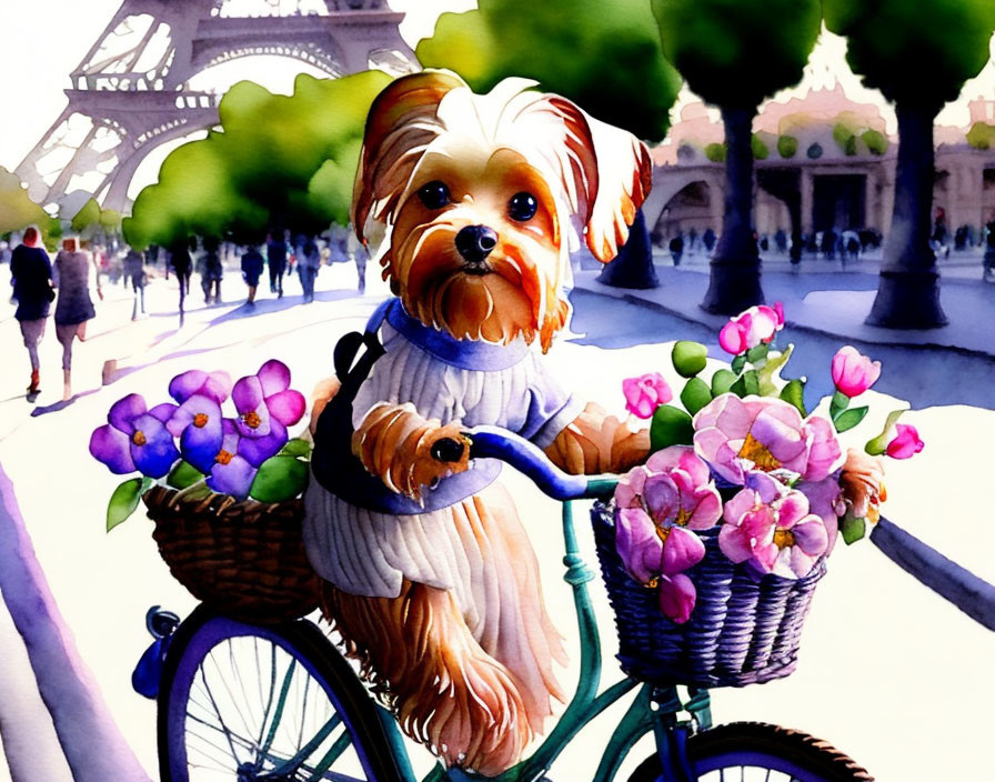 Small Dog in Blue Sweater with Bow on Green Bicycle at Eiffel Tower