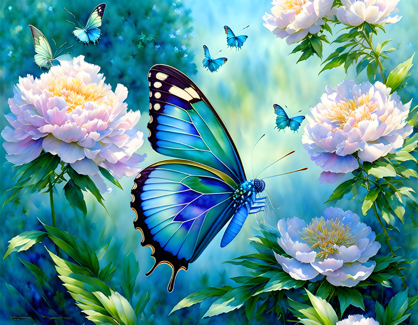 Blue Butterfly and Peony Flowers with Other Butterflies on Soft-focus Green and Blue Background