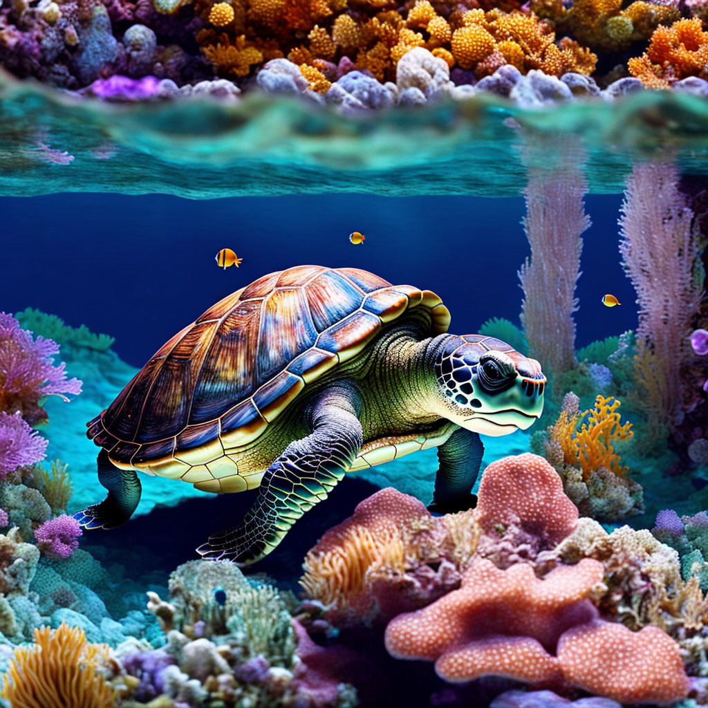 Colorful Coral Reef with Sea Turtle and Fish