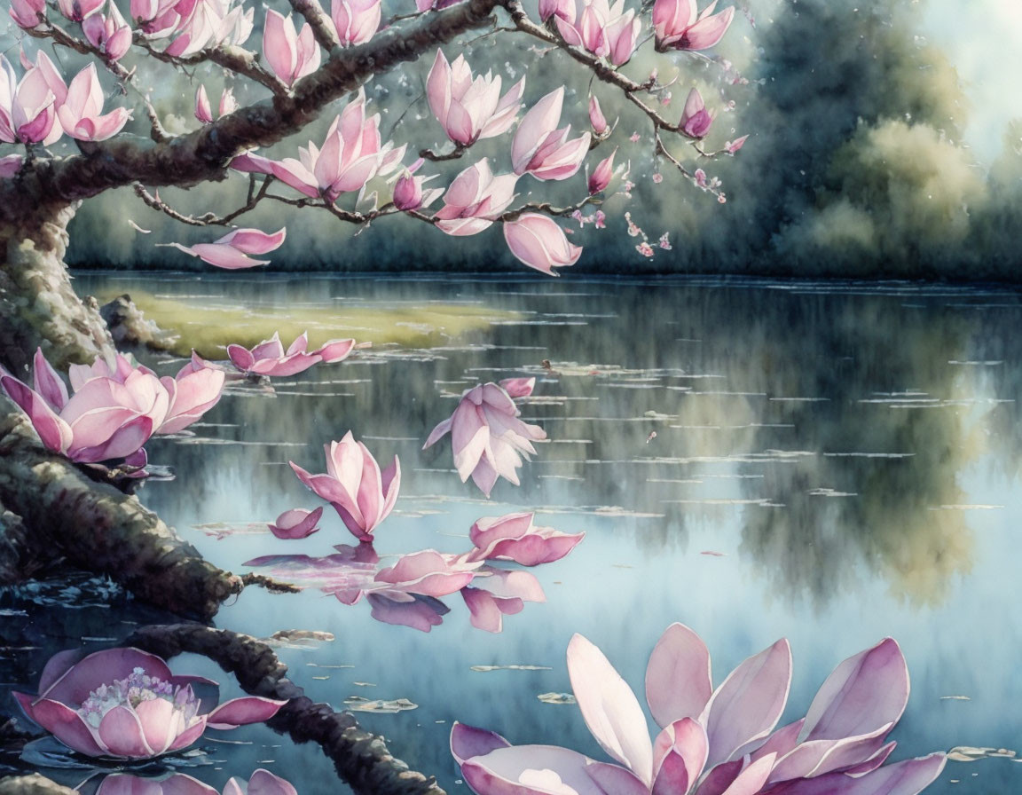 Pink Magnolia Blossoms Hanging Over Calm Lake