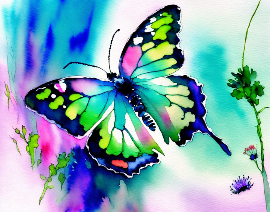 Colorful Watercolor Painting of Butterfly with Intricate Patterns