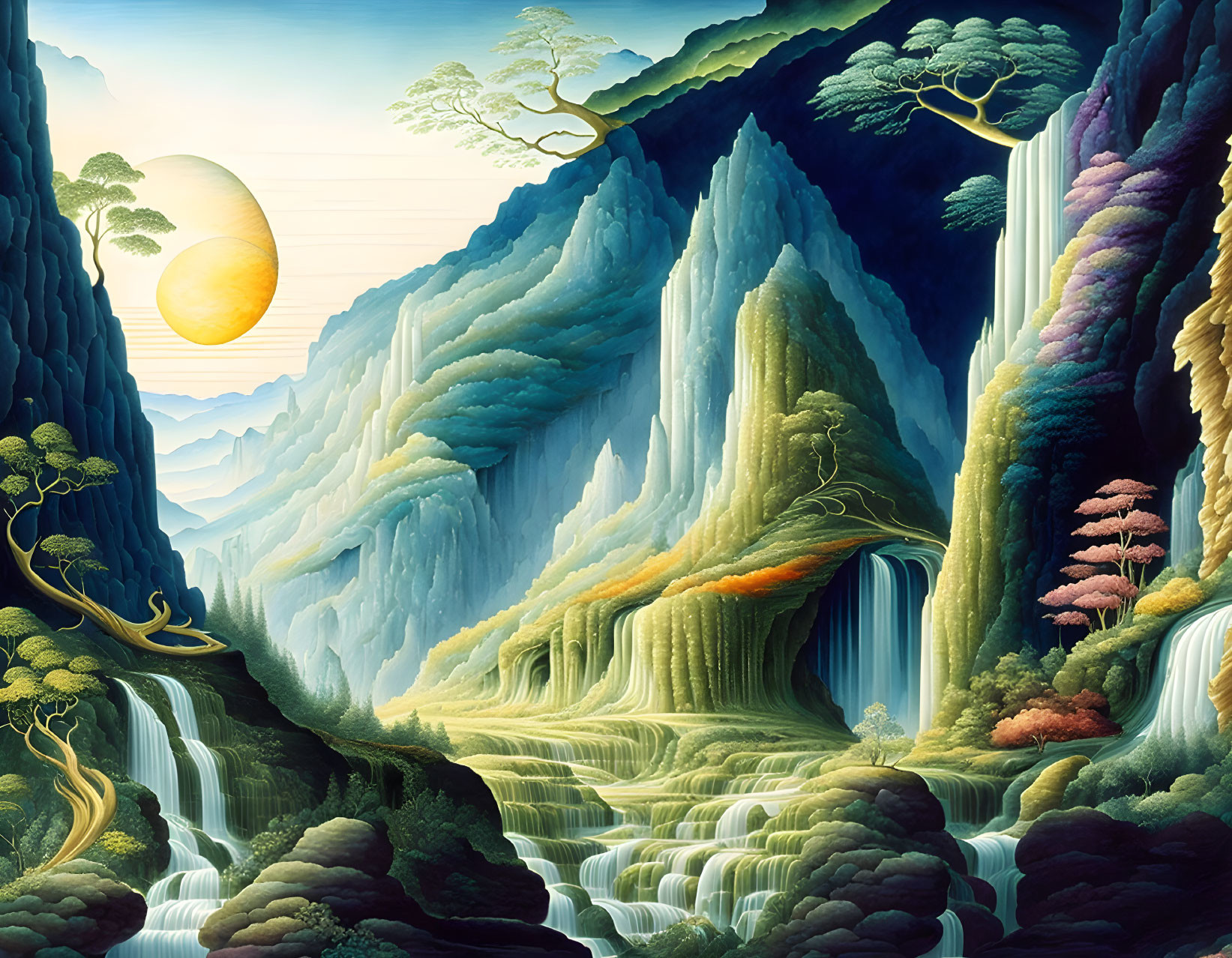 Tranquil landscape with waterfalls, mountains, foliage, sun & sky