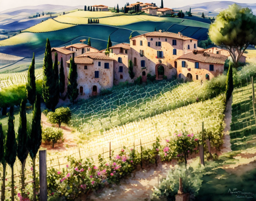 Rustic stone houses in scenic Tuscan landscape