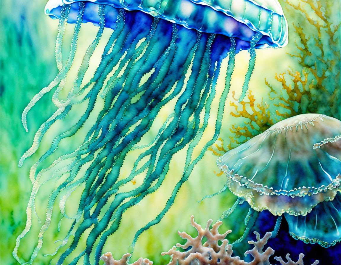 Colorful watercolor illustration: Two jellyfish and coral underwater