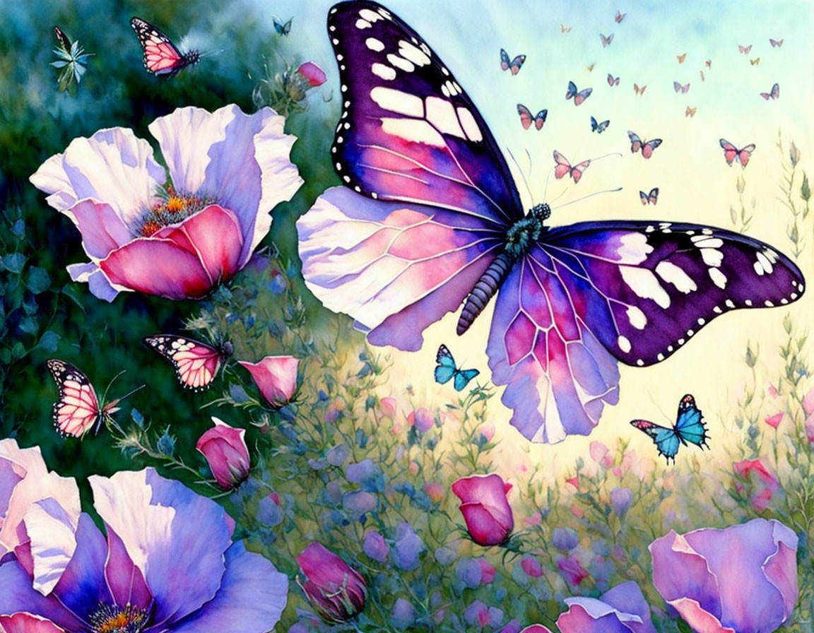 Colorful artwork featuring large purple butterfly and smaller butterflies on pink flowers in a dreamy setting