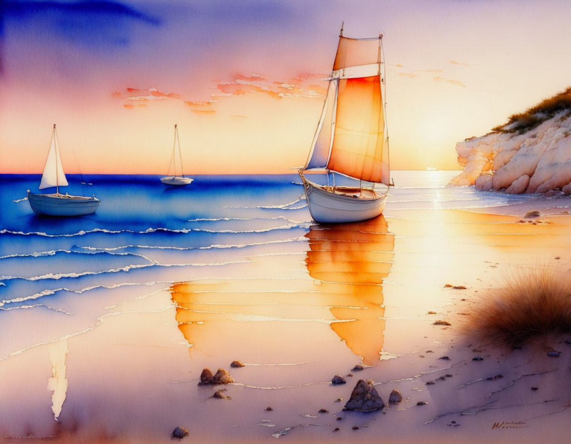 Tranquil sunset seascape with sailboats and beach