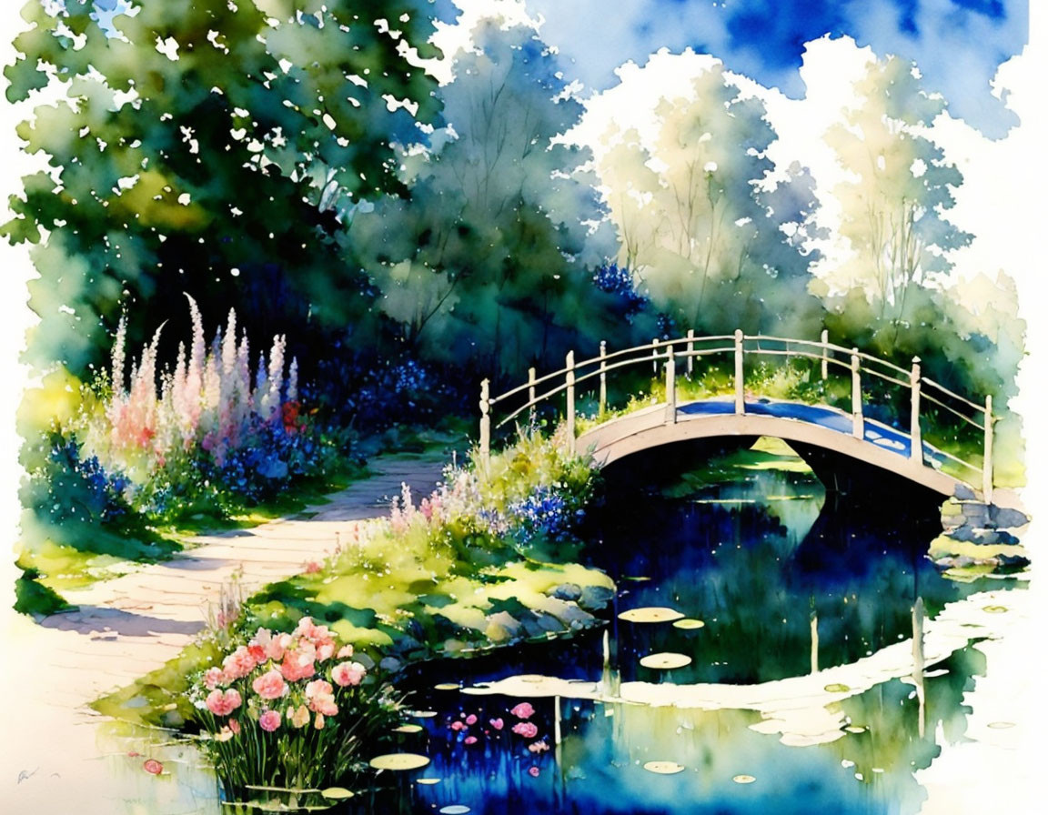 Serene garden scene with wooden bridge over tranquil pond