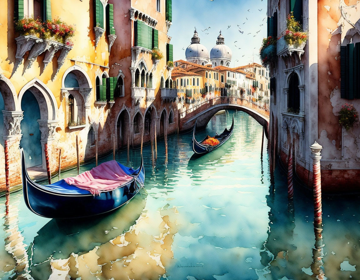 Colorful Venetian Canal Painting with Gondolas and Dome View