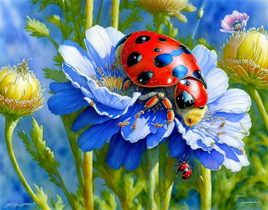 Colorful ladybug painting on blue flowers with greenery