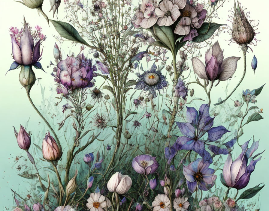 Detailed Illustration of Blooming Flowers in Purple, Pink, and White