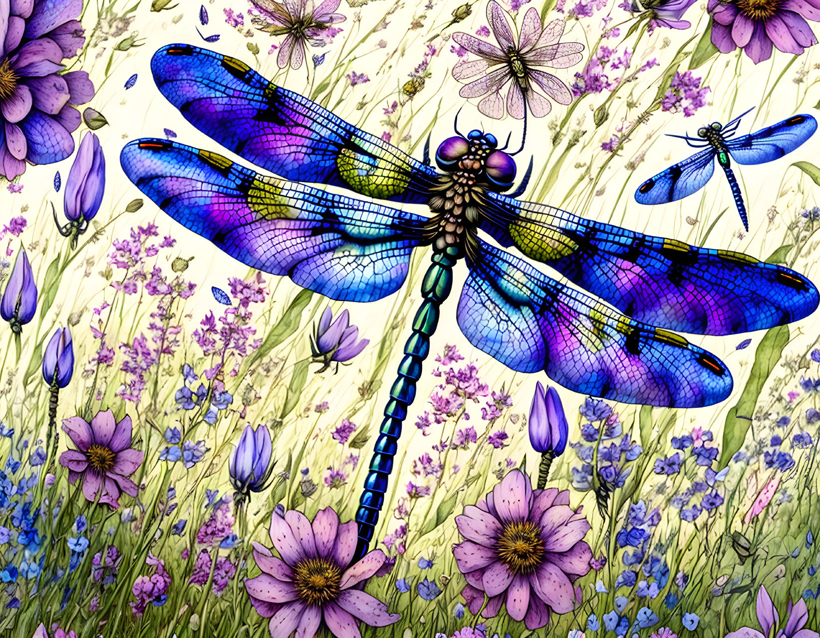 Detailed Blue Dragonfly Illustration Among Purple Flowers