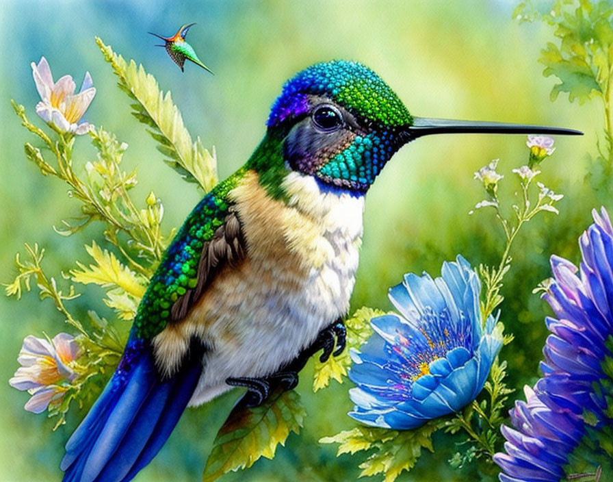 Colorful hummingbird perched near blue flowers with another in flight