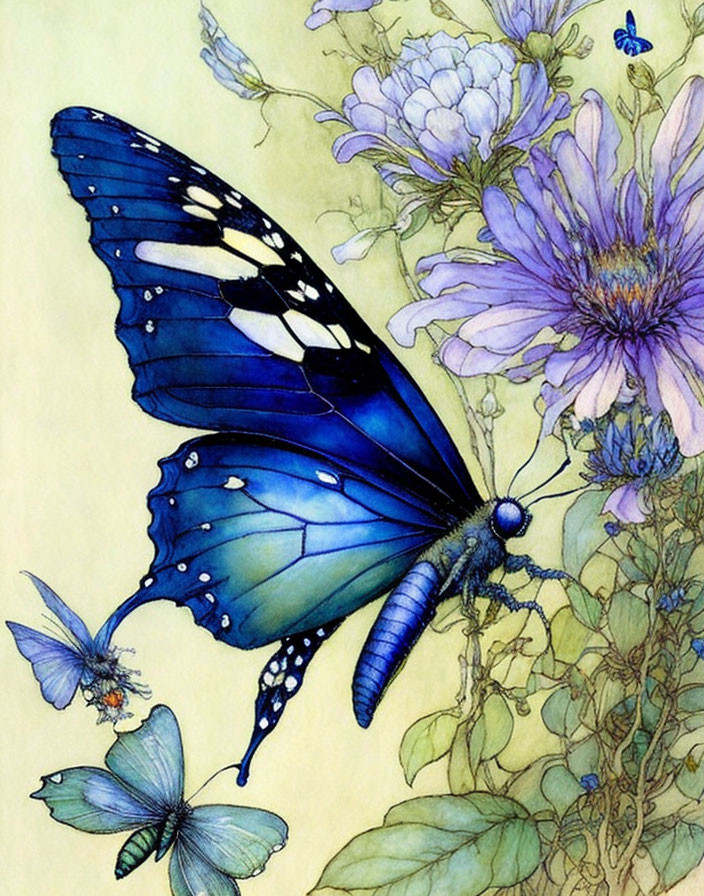 Colorful Blue Butterfly Illustration Near Blooming Flowers