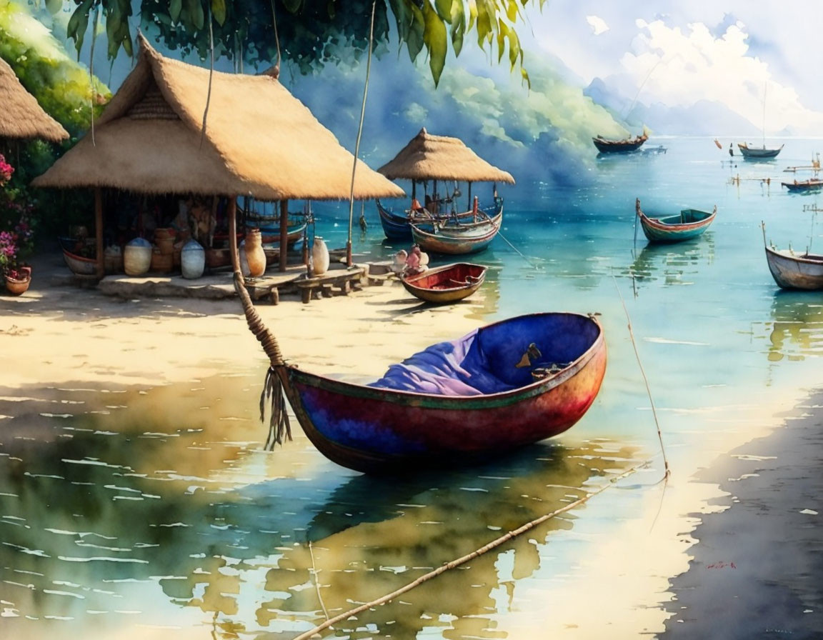 Colorful boat and traditional huts by serene riverside