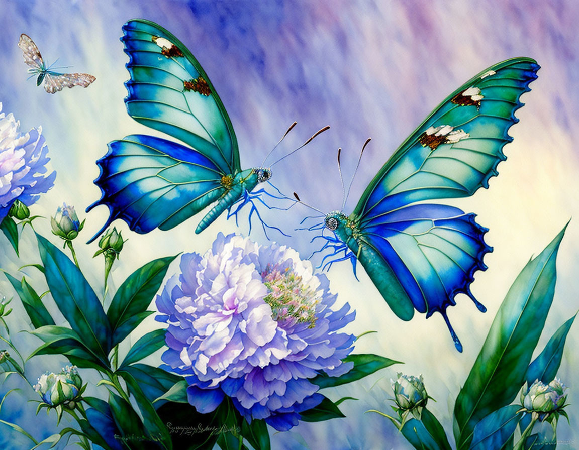 Vibrant blue butterflies and purple hydrangea in nature scene