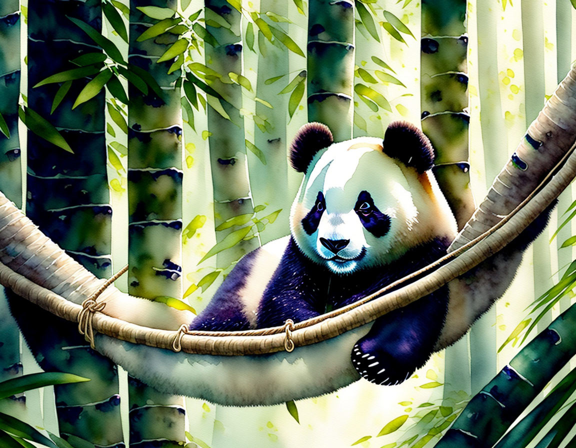 Panda relaxing in bamboo hammock surrounded by green foliage