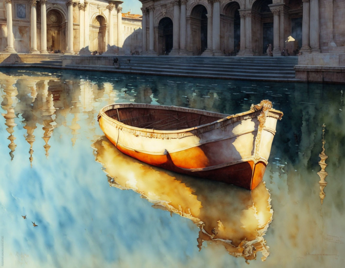 Tranquil painting of old boat on reflective water with classical architecture