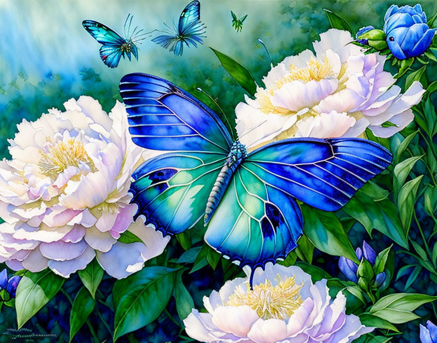 Colorful painting of blue butterfly on white peonies with fluttering butterflies on blue-green backdrop