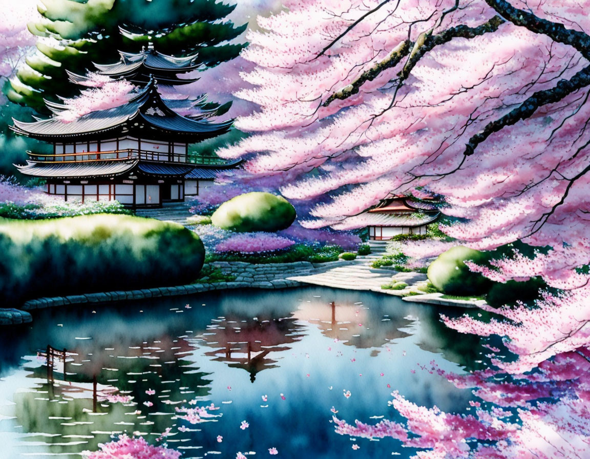 Japanese Architecture with Cherry Blossoms and Serene Pond